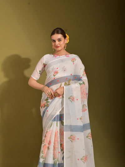 White Linen Designer Saree With Unstitched Blouse