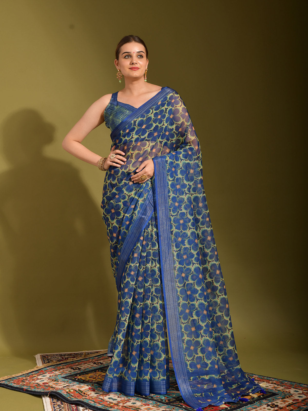 Odette Women Blue Linen Designer Saree With Unstitched Blouse