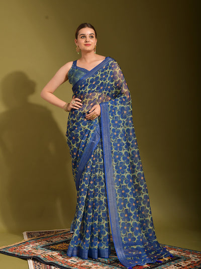 Odette Women Blue Linen Designer Saree With Unstitched Blouse