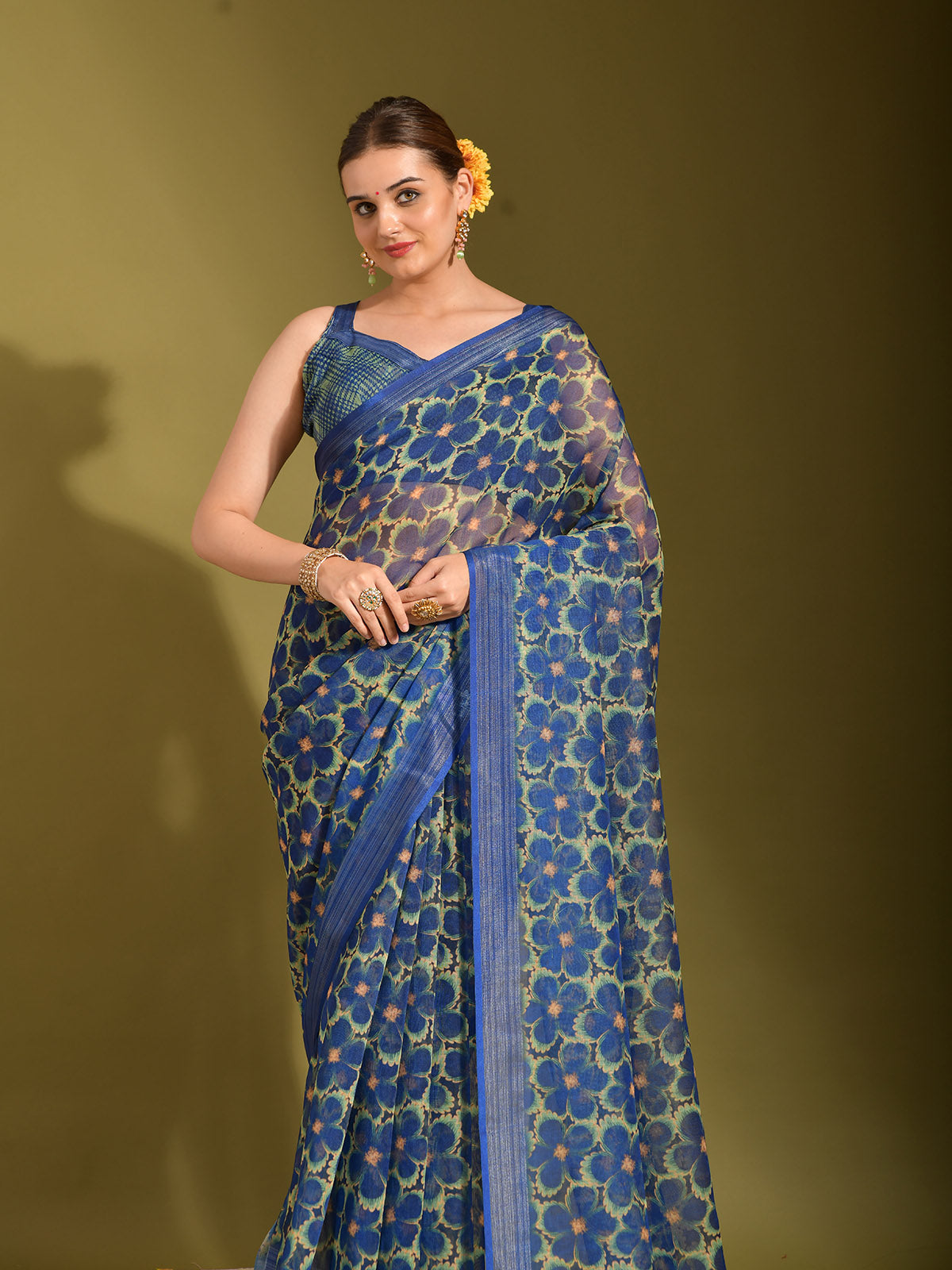 Odette Women Blue Linen Designer Saree With Unstitched Blouse