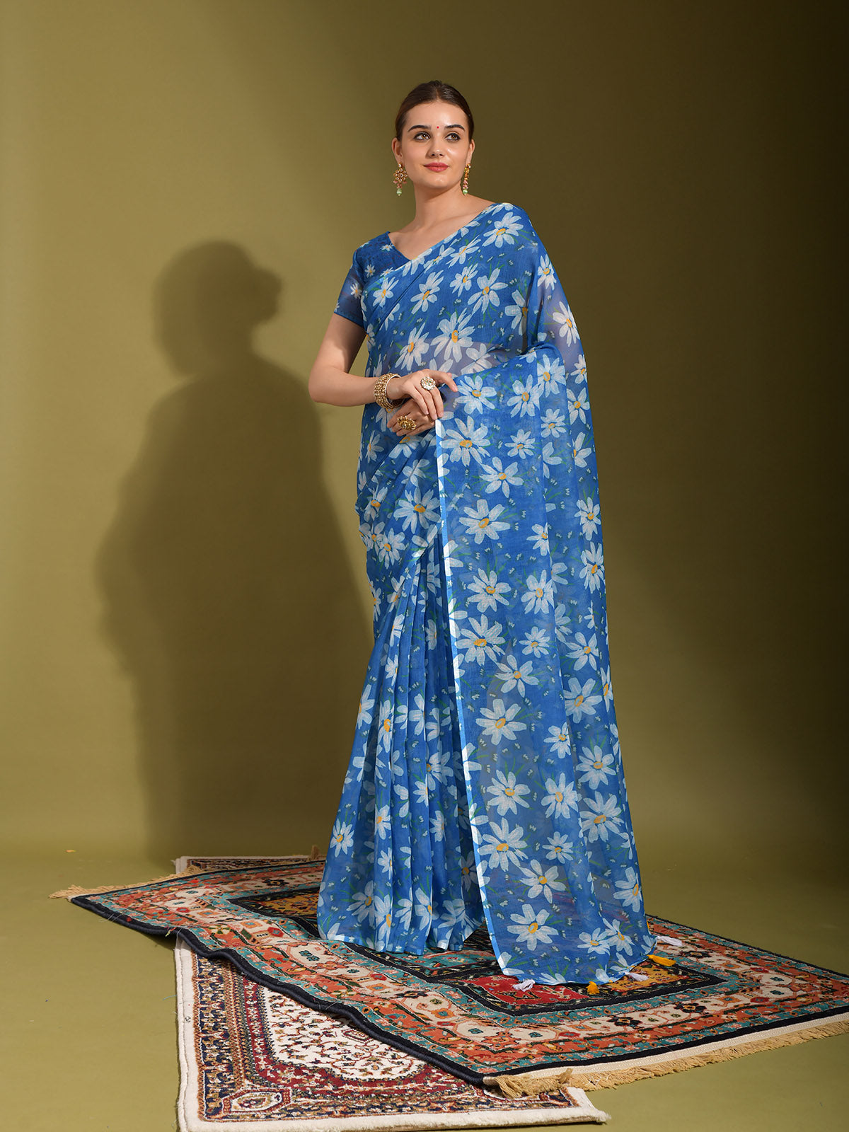 Blue Linen Designer Saree With Unstitched Blouse