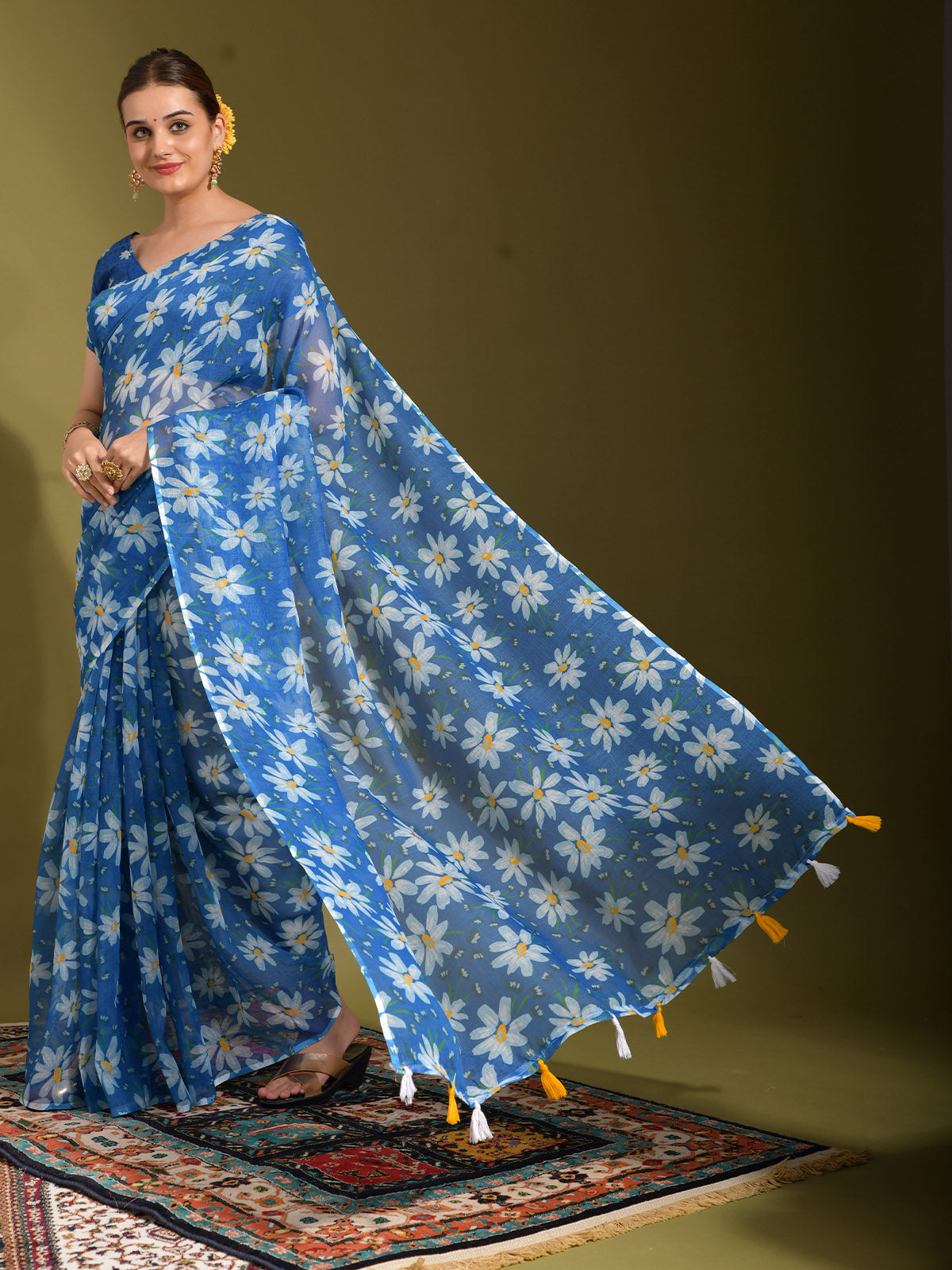 Blue Linen Designer Saree With Unstitched Blouse