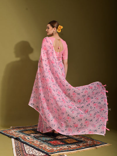 Odette Women Pink Linen Designer Saree With Unstitched Blouse