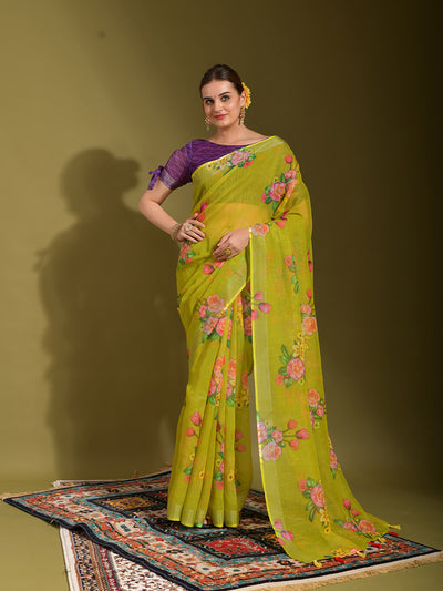 Odette Women Green Linen Designer Saree With Unstitched Blouse