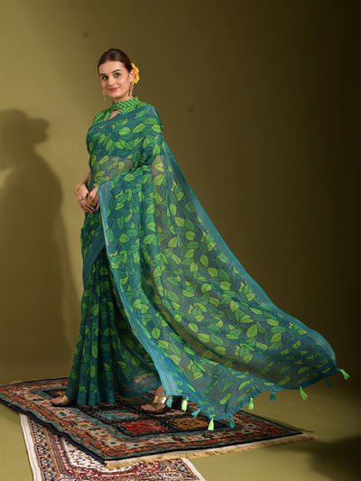 Odette Women Green Linen Designer Saree With Unstitched Blouse