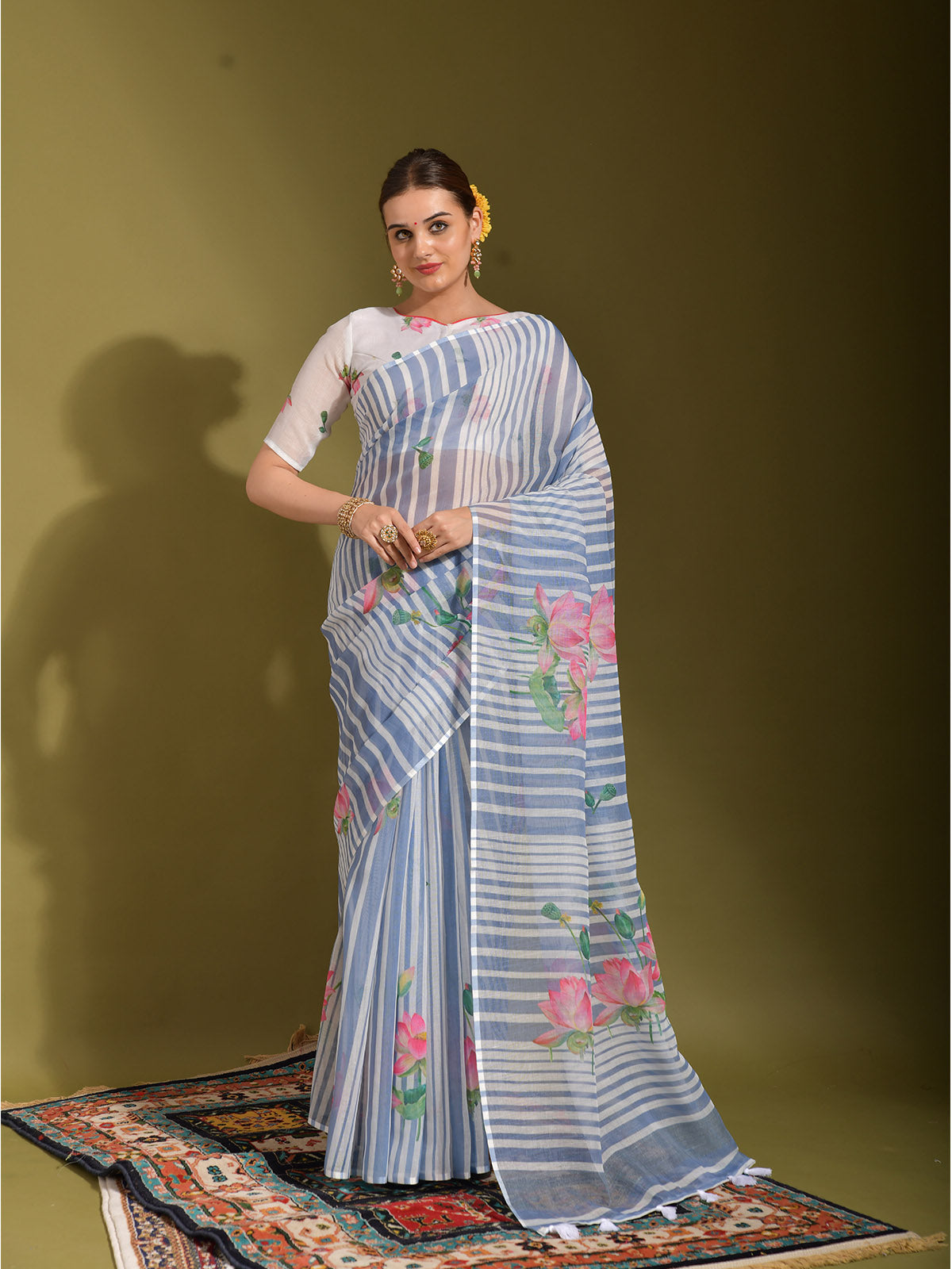 Odette Women Sky Blue Linen Designer Saree With Unstitched Blouse