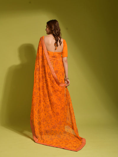 Odette Women Orange Chiffon Designer Saree With Unstitched Blouse