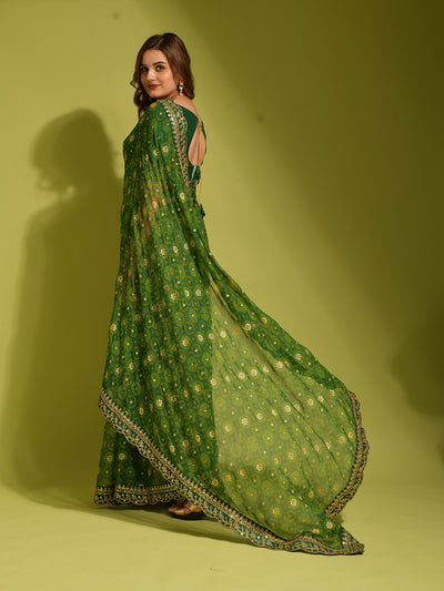 Green Georgette Designer Saree With Unstitched Blouse