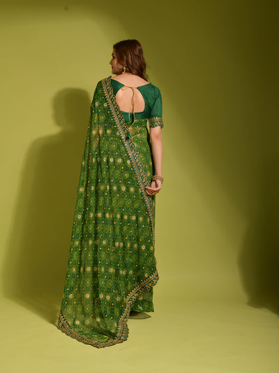 Green Georgette Designer Saree With Unstitched Blouse