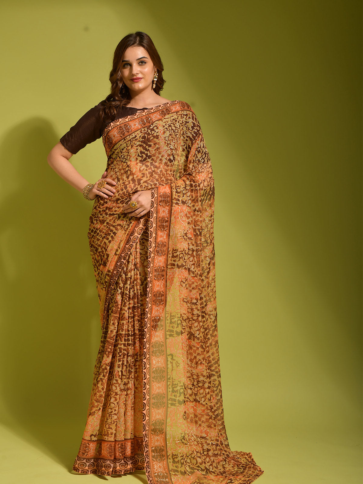 Odette Women Brown Georgette Designer Saree With Unstitched Blouse