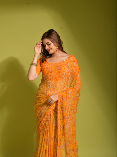 Yellow Georgette Designer Saree With Unstitched Blouse