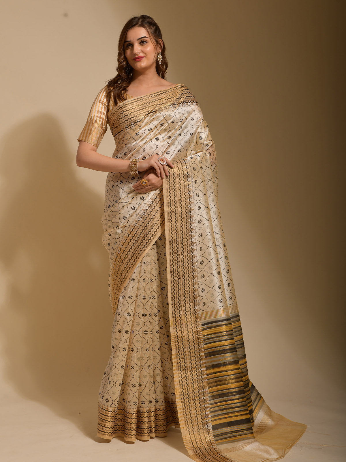 Cream Art Silk Designer Saree With Unstitched Blouse
