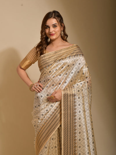 Cream Art Silk Designer Saree With Unstitched Blouse
