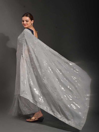 Grey Georgette Designer Saree With Unstitched Blouse