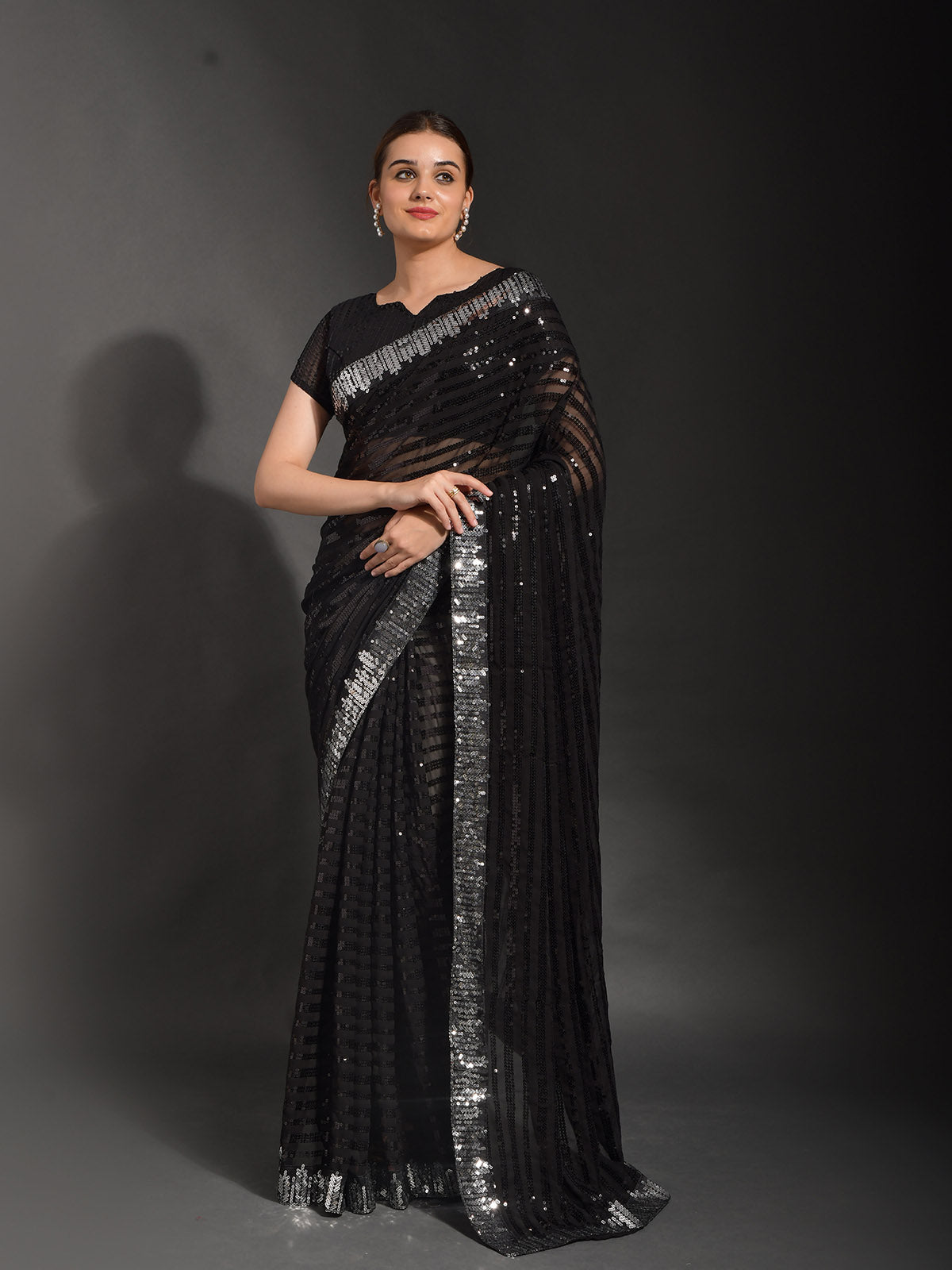 Odette Women Black Georgette Designer Saree With Unstitched Blouse