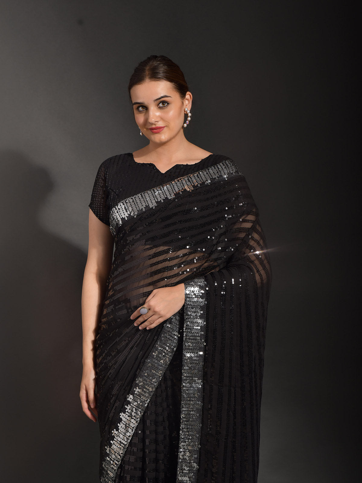 Odette Women Black Georgette Designer Saree With Unstitched Blouse