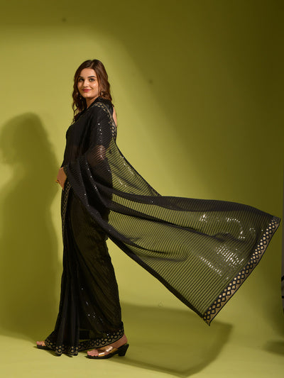 Black Georgette Designer Saree With Unstitched Blouse