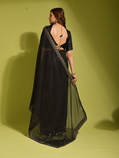 Black Georgette Designer Saree With Unstitched Blouse