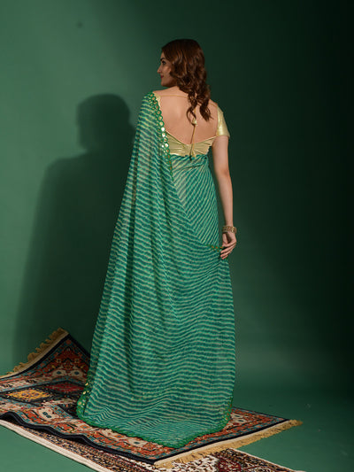 Odette Women Green Chiffon Designer Saree With Unstitched Blouse
