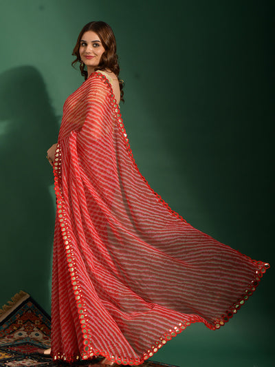 Red Chiffon Designer Saree With Unstitched Blouse