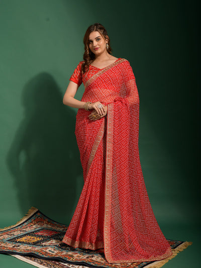 Odette Women Red Chiffon Designer Saree With Unstitched Blouse