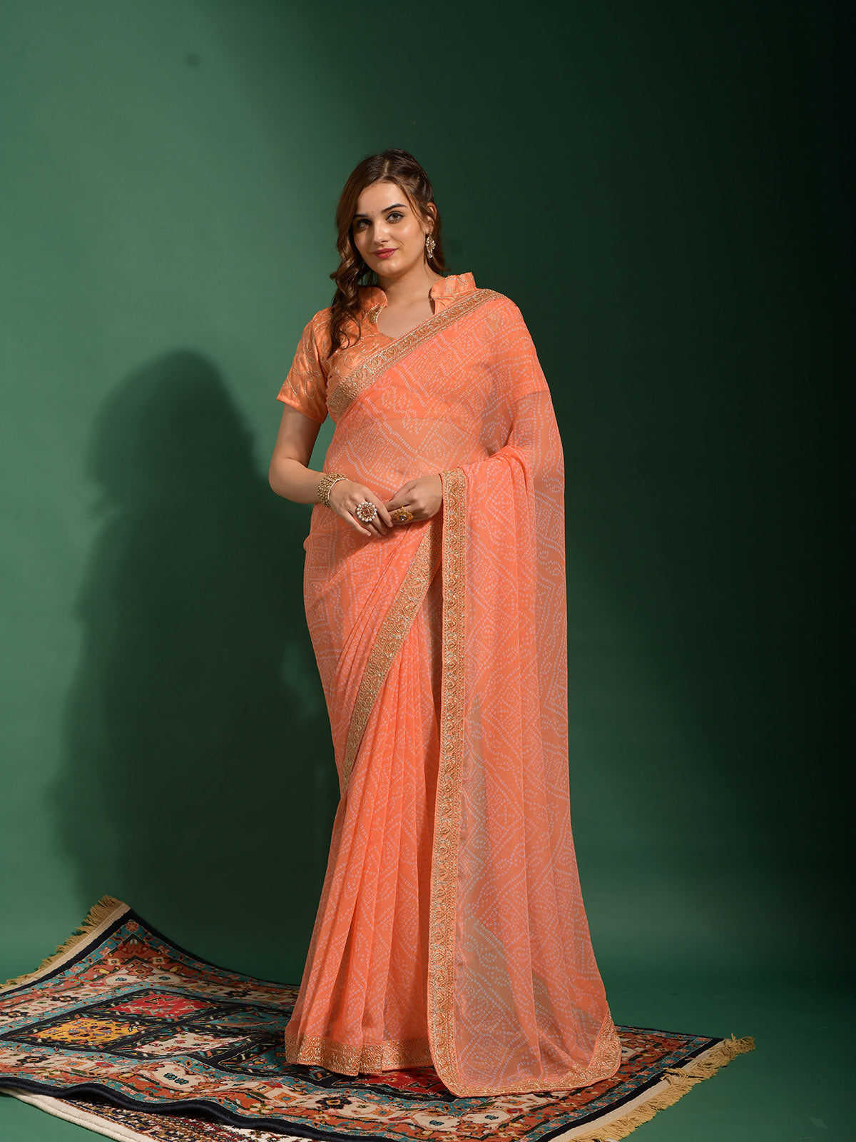 Odette Women Peach Chiffon Designer Saree With Unstitched Blouse