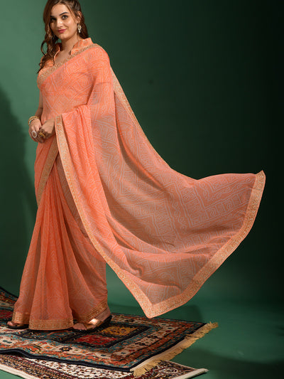 Odette Women Peach Chiffon Designer Saree With Unstitched Blouse