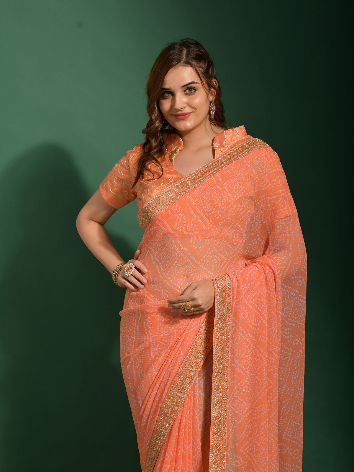 Odette Women Peach Chiffon Designer Saree With Unstitched Blouse