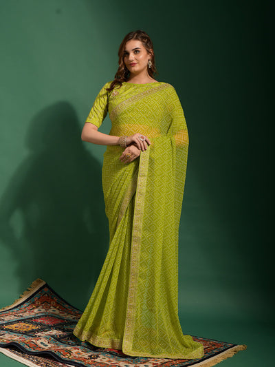 Green Chiffon Designer Saree With Unstitched Blouse