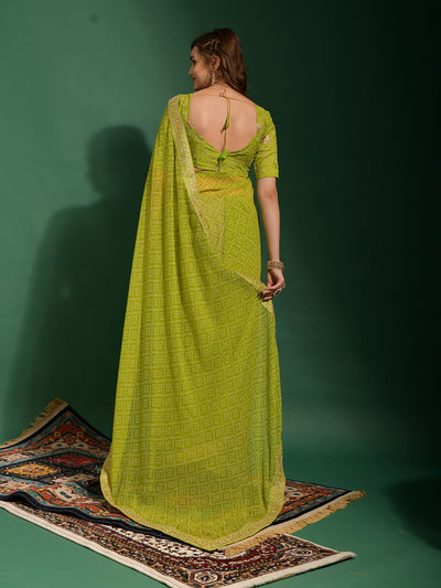 Green Chiffon Designer Saree With Unstitched Blouse