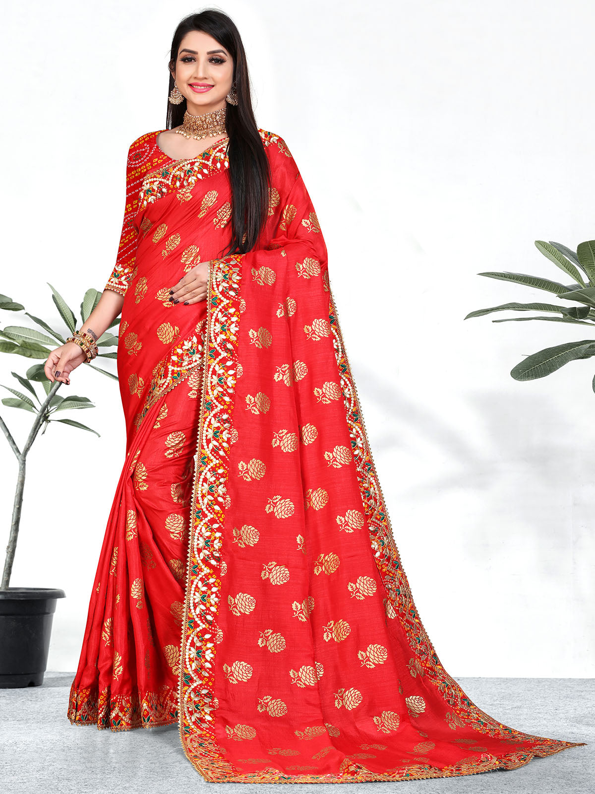 Odette Women Stunning Red Foil Print Saree With Unstitched Blouse