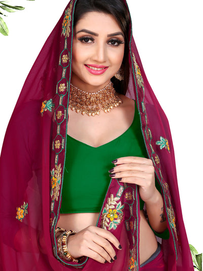 Stunning Maroon Foil Print Saree With Unstitched Blouse