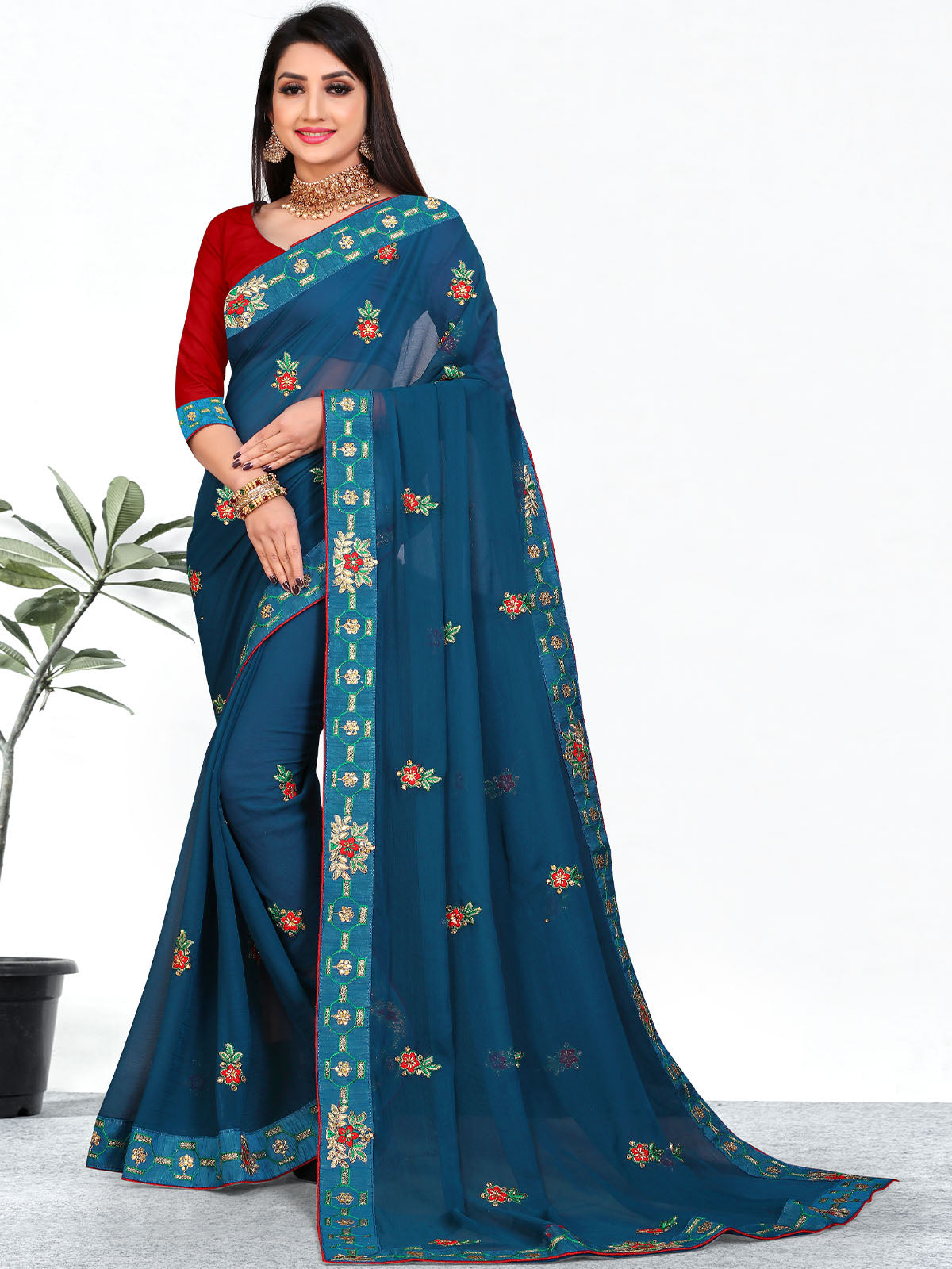 Stunning Teal Foil Print Saree With Unstitched Blouse