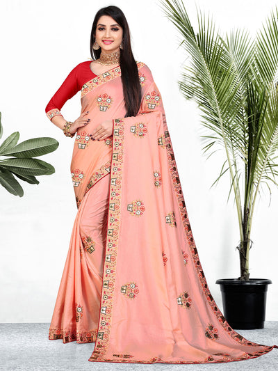 Odette Women Stunning Peach Foil Print Saree With Unstitched Blouse