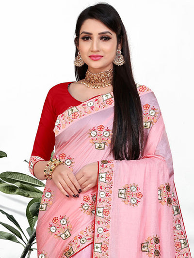 Odette Women Stunning Pink Foil Print Saree With Unstitched Blouse