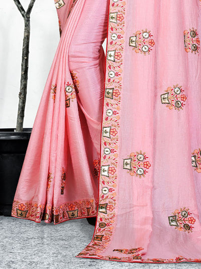 Odette Women Stunning Pink Foil Print Saree With Unstitched Blouse