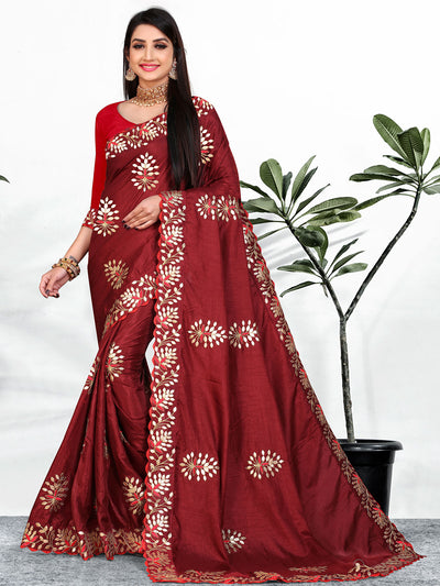 Odette Women Stunning Maroon Foil Print Saree With Unstitched Blouse