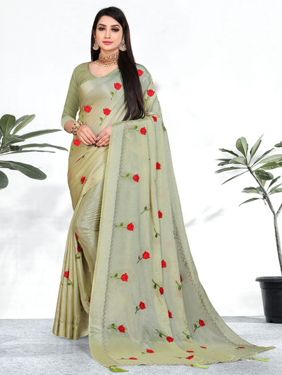 Odette Women Stunning Olive Green Foil Print Saree With Unstitched Blouse
