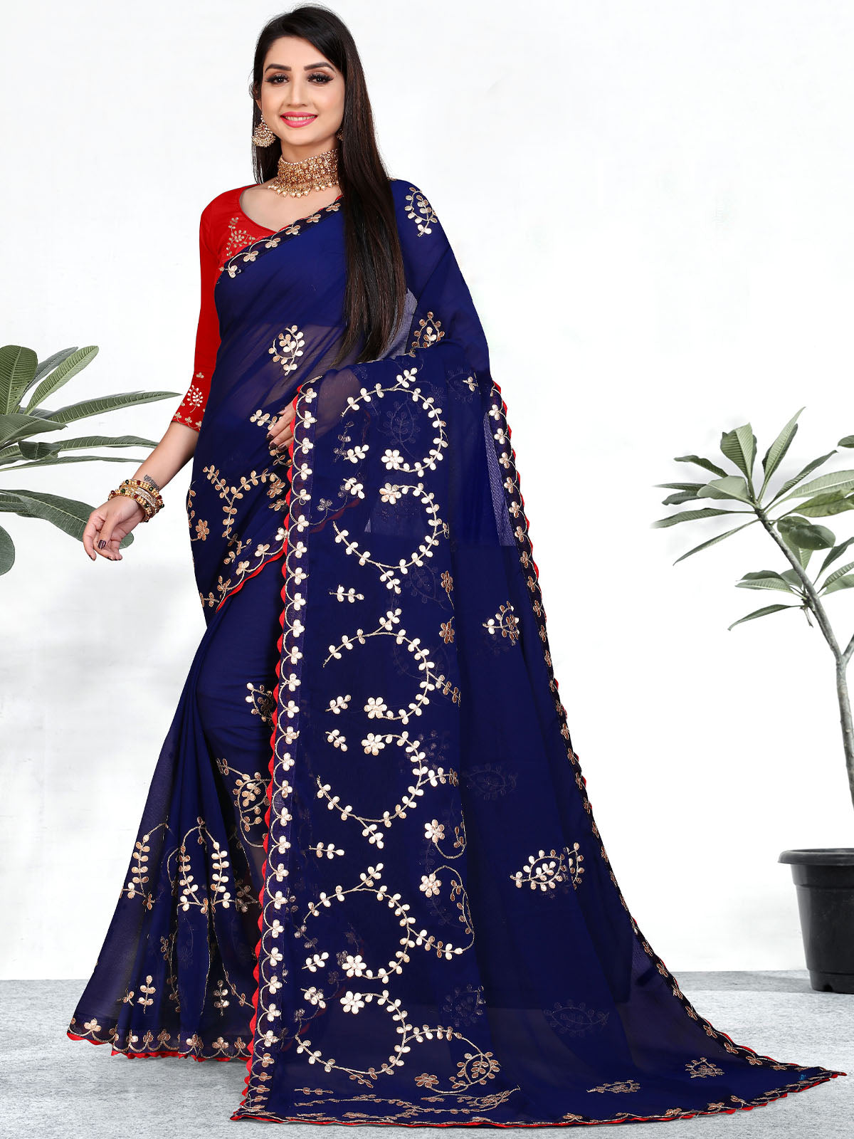 Odette Women Festive Designer Dark Blue Saree With Unstitched Blouse