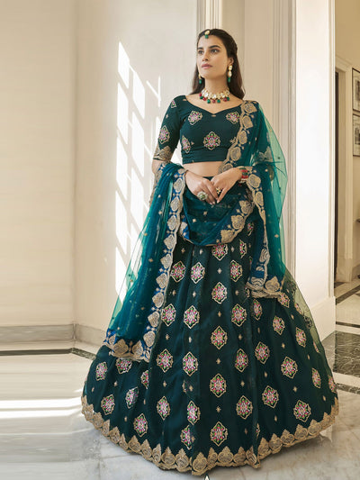 Heavy Designer Teal Blue Organza Semi Stitched Lehenga With  Unstitched Blouse
