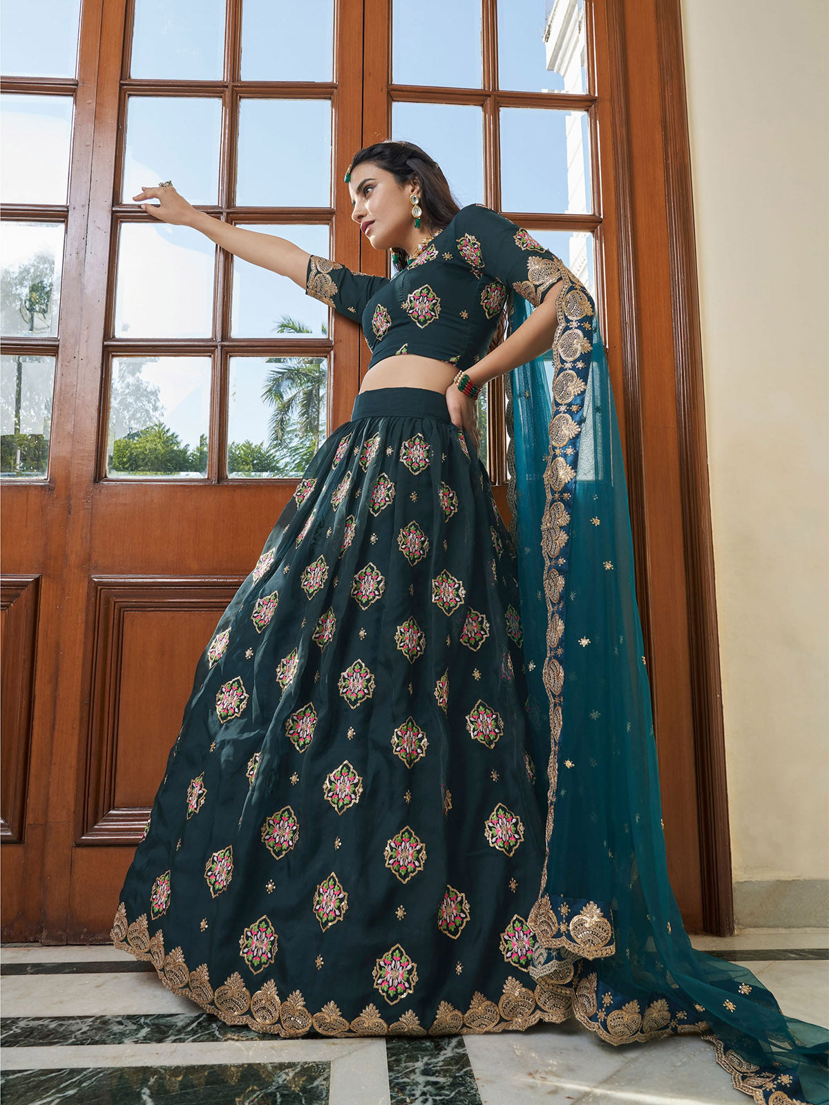 Heavy Designer Teal Blue Organza Semi Stitched Lehenga With  Unstitched Blouse