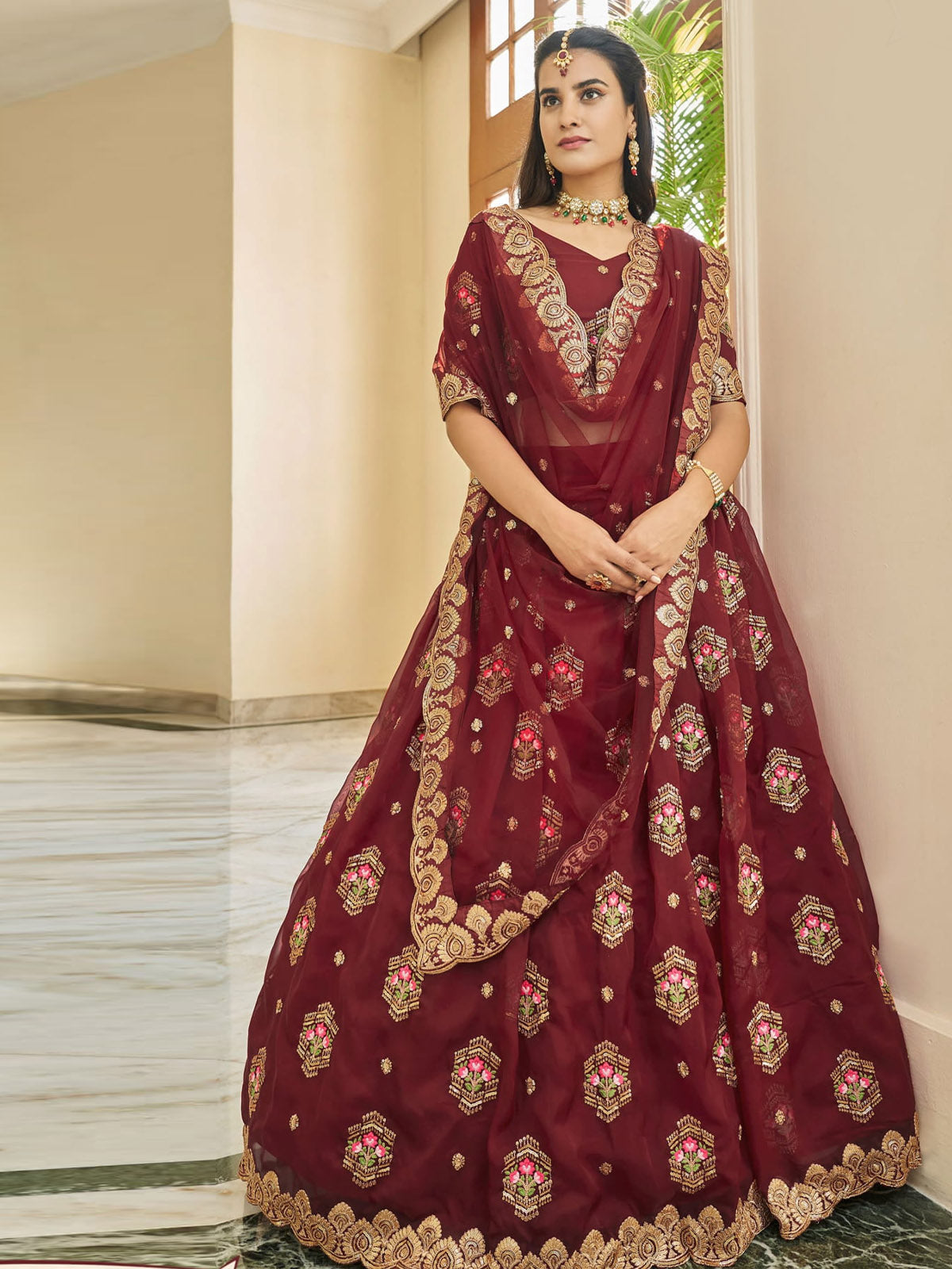 Buy Trending Maroon Embroidered Velvet Bridal Lehenga Choli by Zeel Clothing