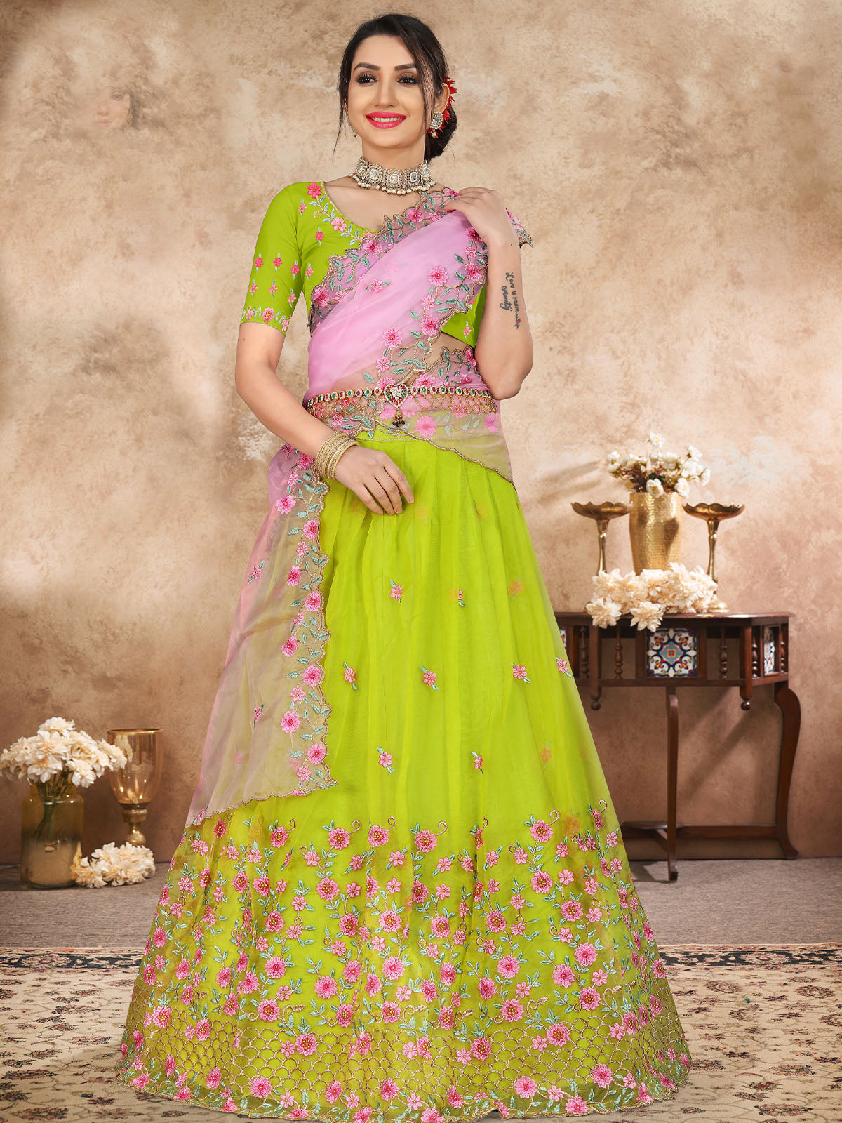 Odette Women Lime Green Organza Semi Stitched Lehenga With  Unstitched Blouse