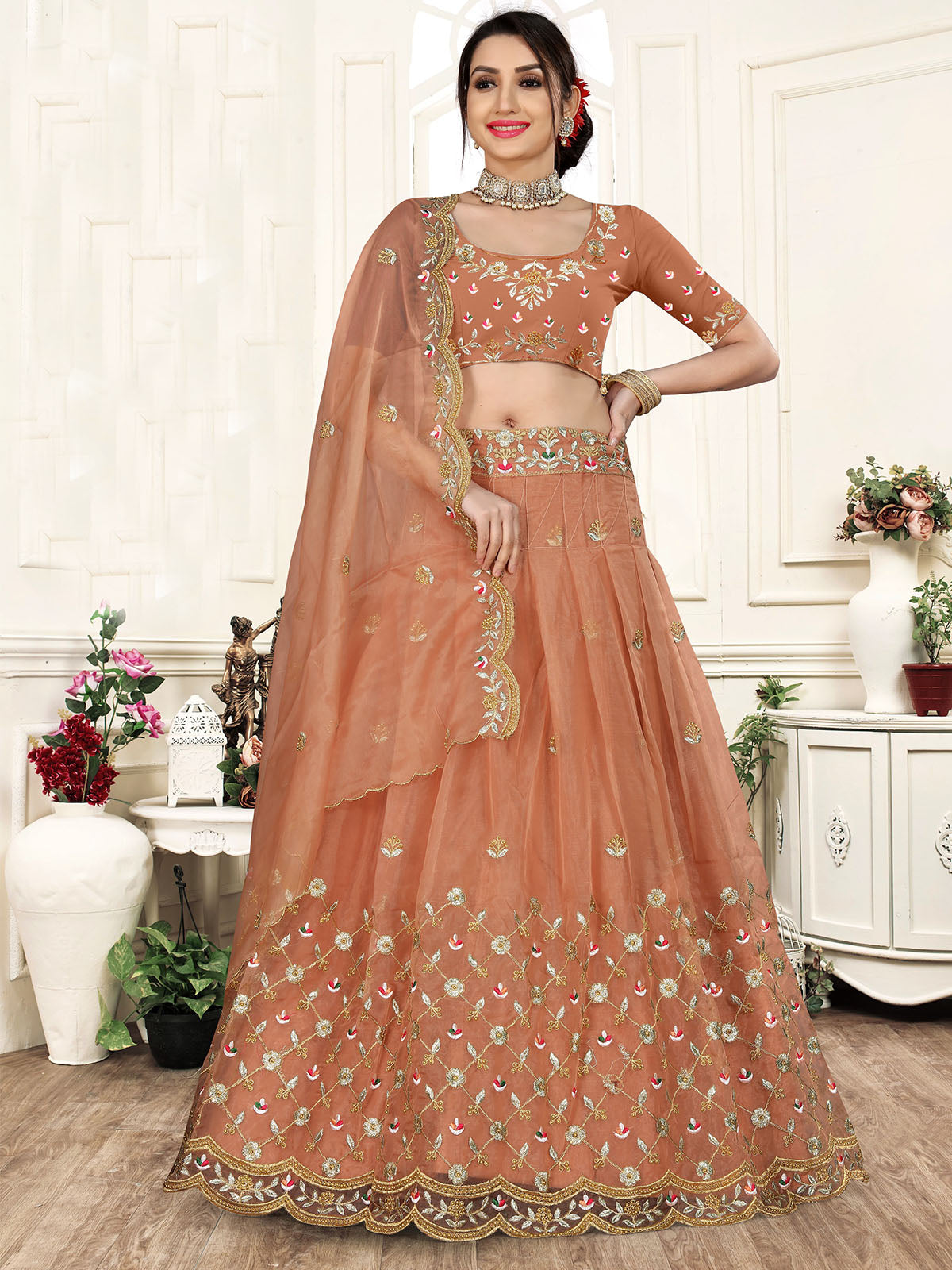 Odette Women Brown Organza Semi Stitched Lehenga With  Unstitched Blouse