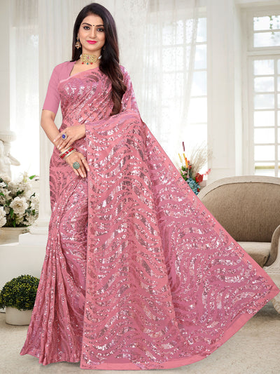 Sparkling Pink Sequins Saree With Unstitched Blouse