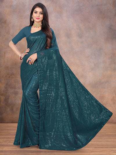 Odette Women Sparkling Teal Sequins Saree With Unstitched Blouse