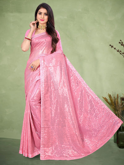 Odette Women Sparkling Pink Sequins Saree With Unstitched Blouse