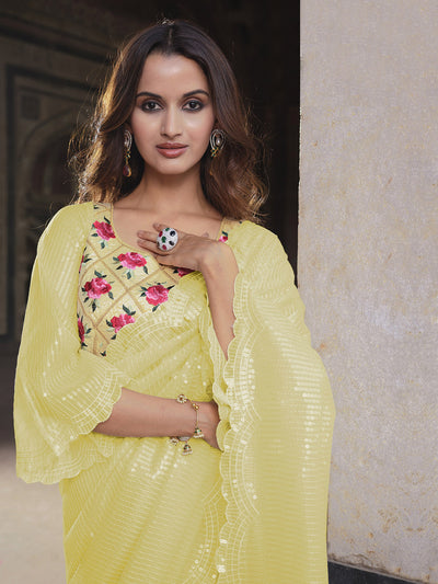 Yellow Net Sequins Embroidery Saree With Unstitched Blouse