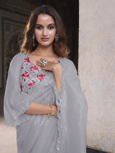 Grey Net Sequins Embroidery Saree With Unstitched Blouse
