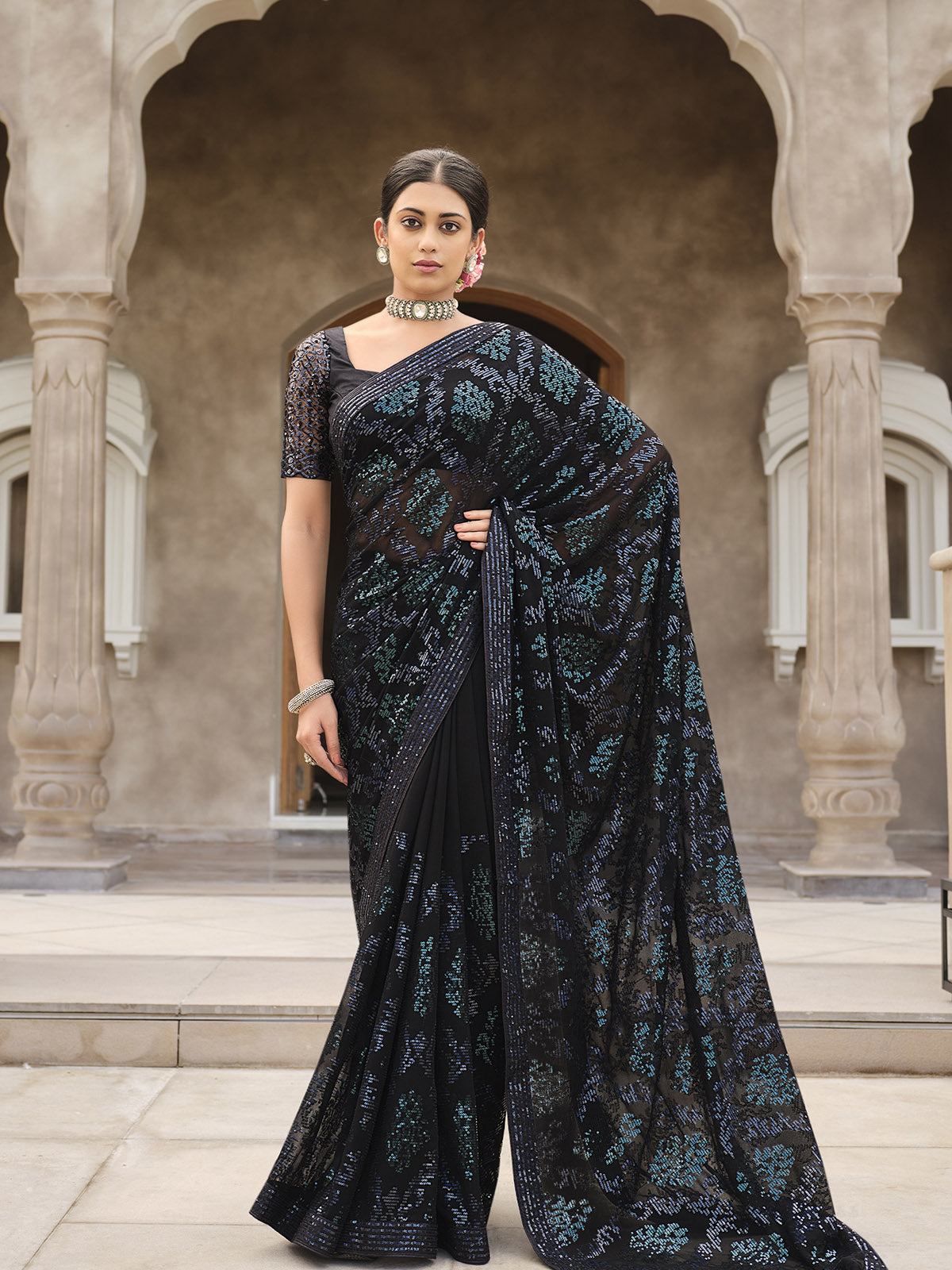 Black Georgette Sequins Embroidery Saree With Unstitched Blouse